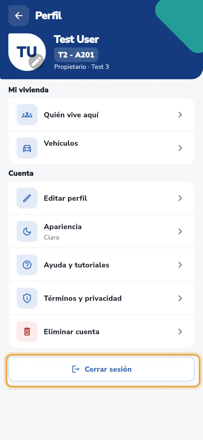 Perfil: el botón Cerrar sesión está señalado