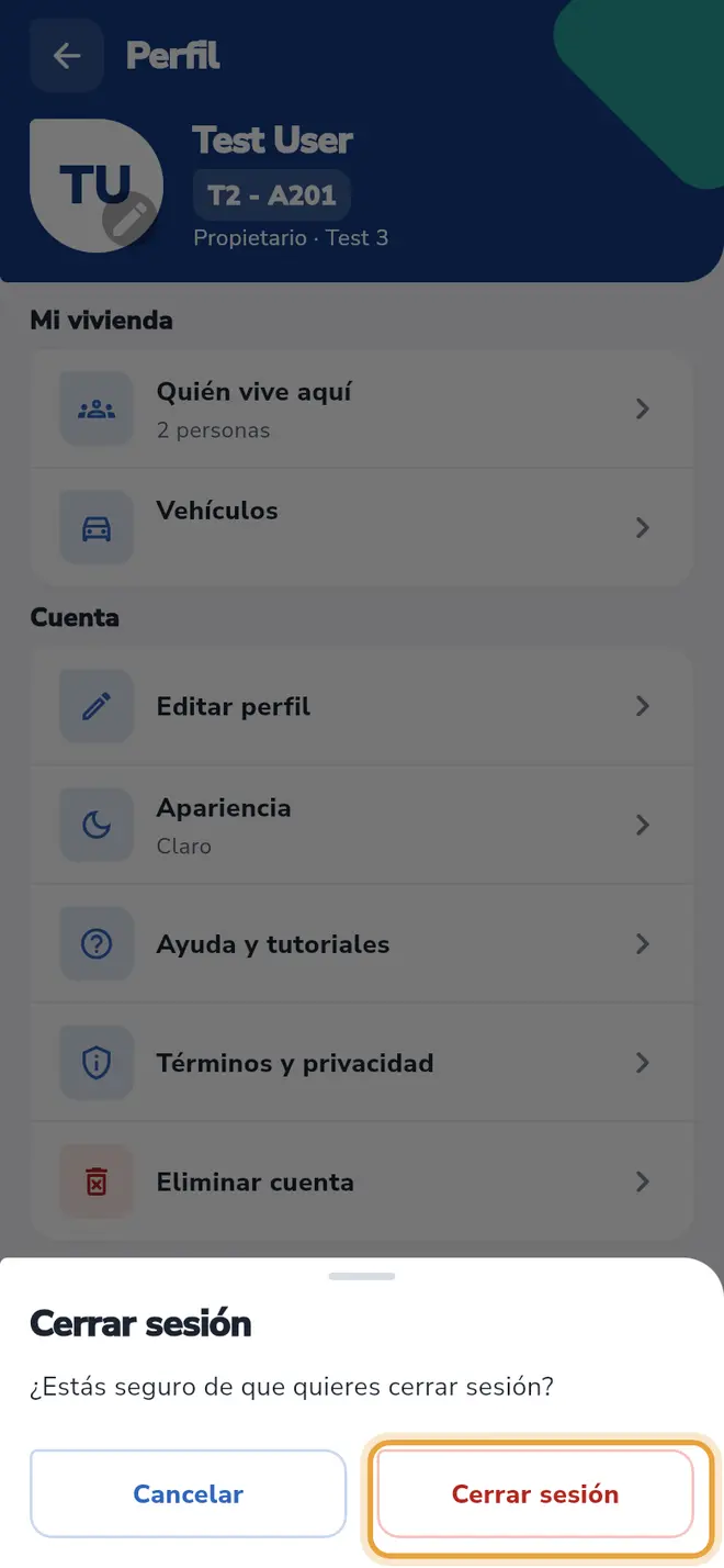 Hoja de confirmación: el botón Cerrar sesión está señalado
