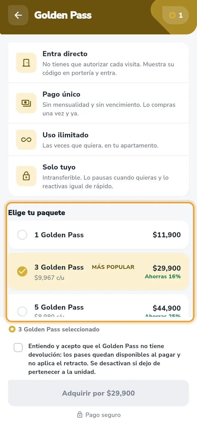 Pantalla Golden Pass: la lista Elige tu paquete, con el paquete de 3 seleccionado, está señalada.