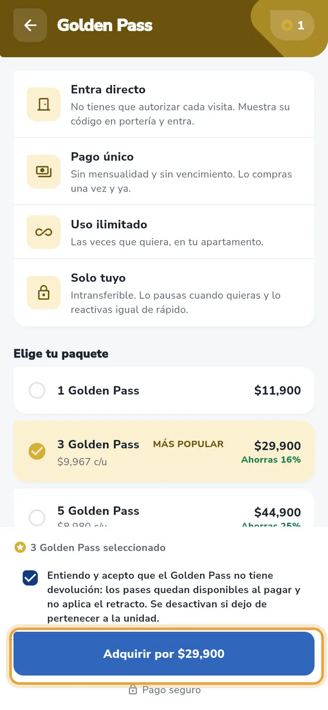 Pantalla Golden Pass con el paquete elegido y la casilla marcada: el botón Adquirir por está activo y señalado.
