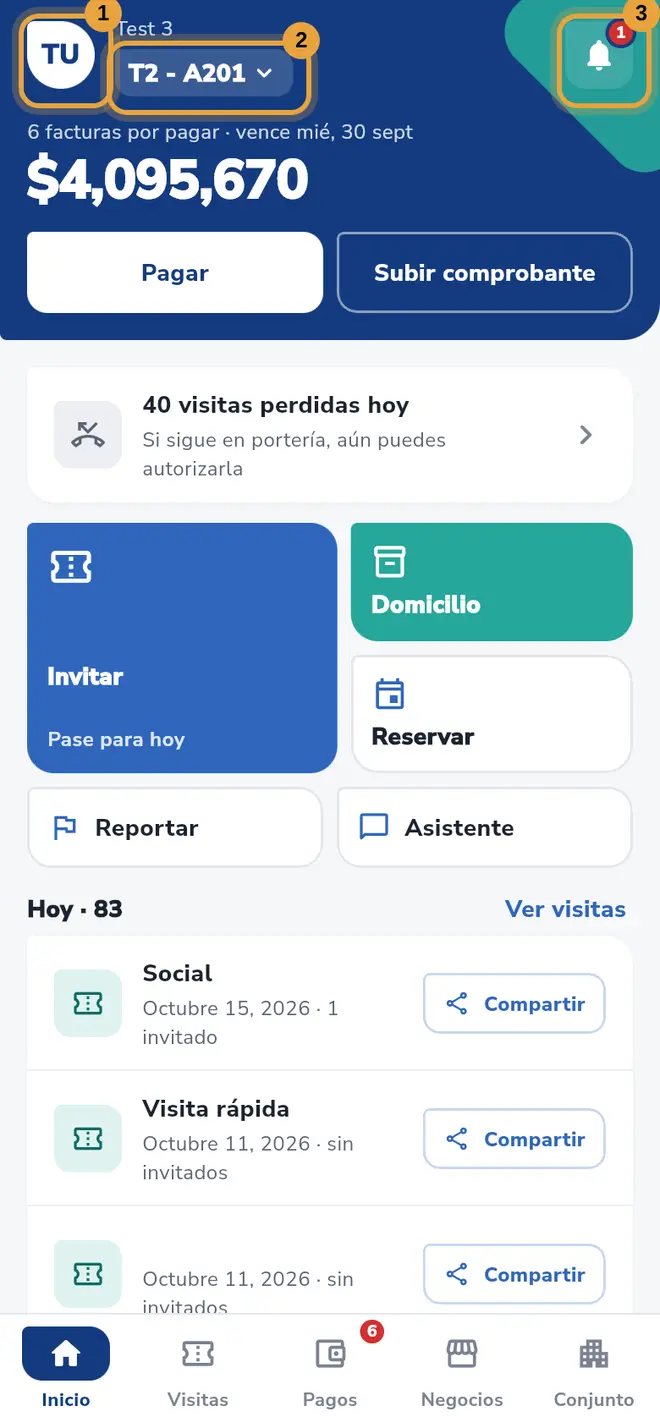 Pantalla Inicio: están señalados tus iniciales, el chip de la vivienda y la campana de notificaciones