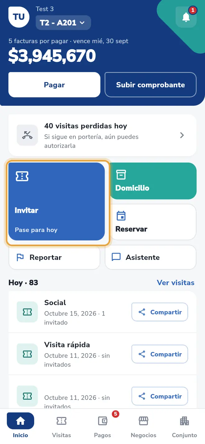 Pantalla Inicio: el botón Invitar de las acciones rápidas está señalado