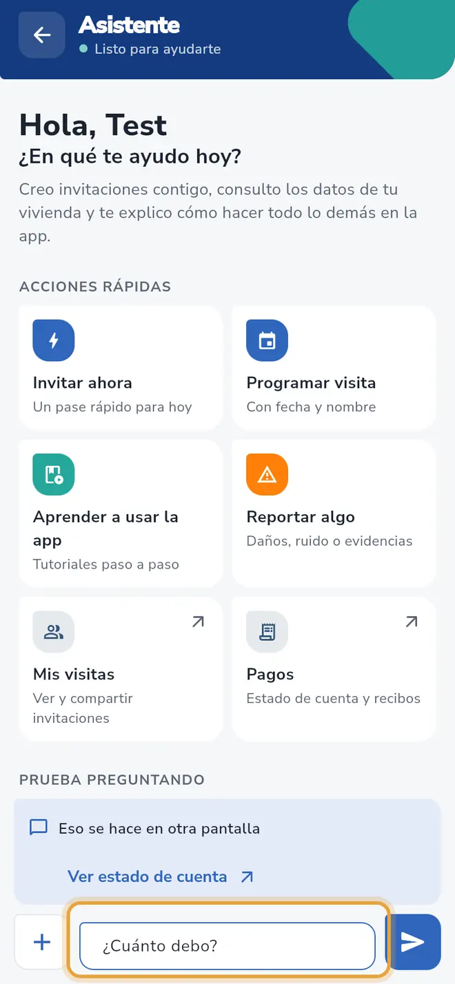 Pantalla del asistente: la pregunta escrita en el campo Escribe tu solicitud está señalada
