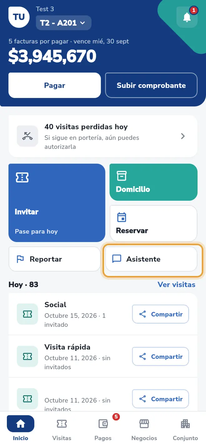 Pantalla Inicio: el botón Asistente está señalado