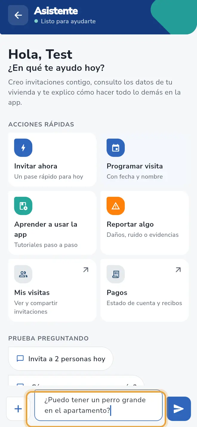 Pantalla Asistente: la pregunta sobre un perro grande está escrita en el campo Escribe tu solicitud
