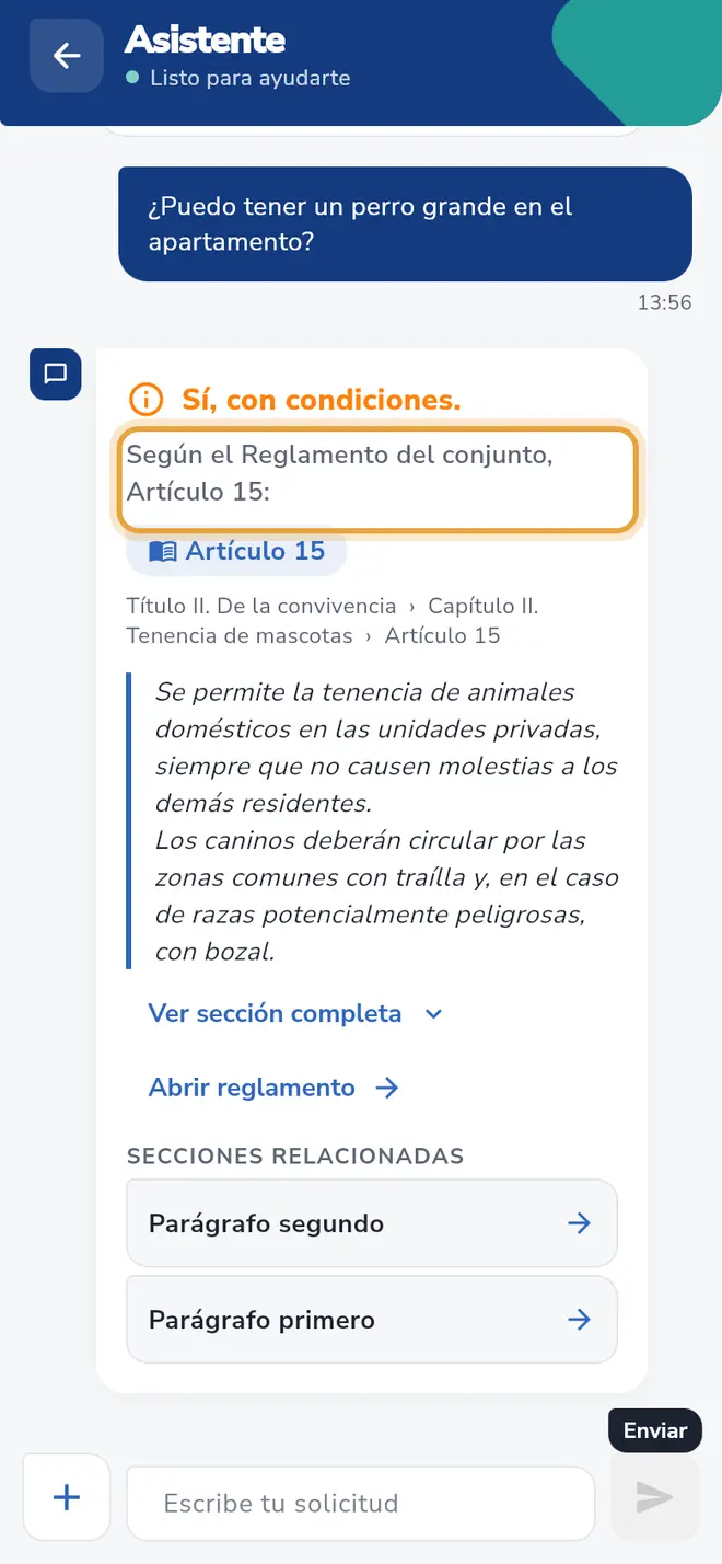 Pantalla Asistente: la respuesta empieza con Sí, con condiciones y cita el Artículo 15 del reglamento