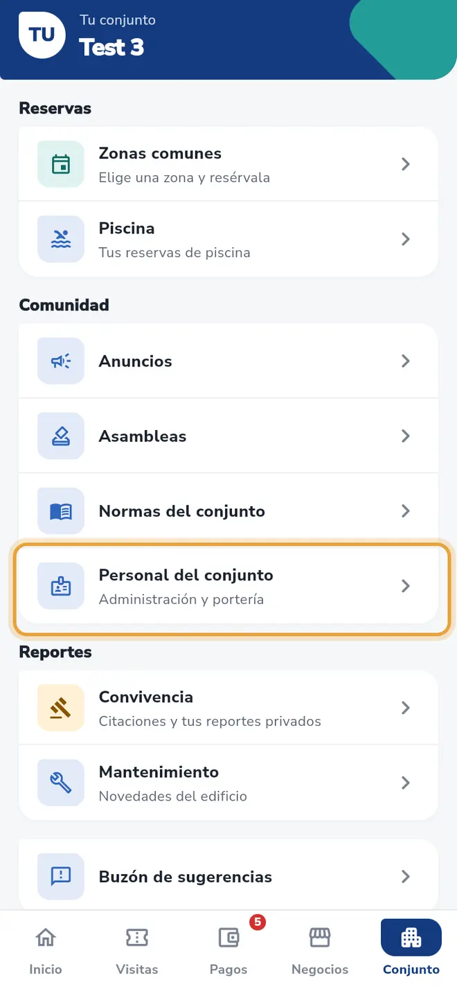 Pestaña Conjunto: la fila Personal del conjunto está señalada