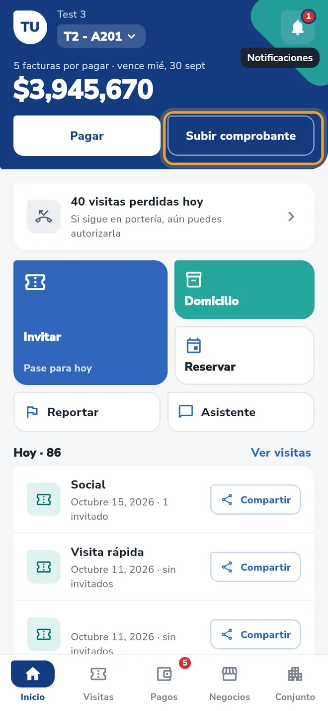 Pantalla Inicio: el botón Subir comprobante está señalado