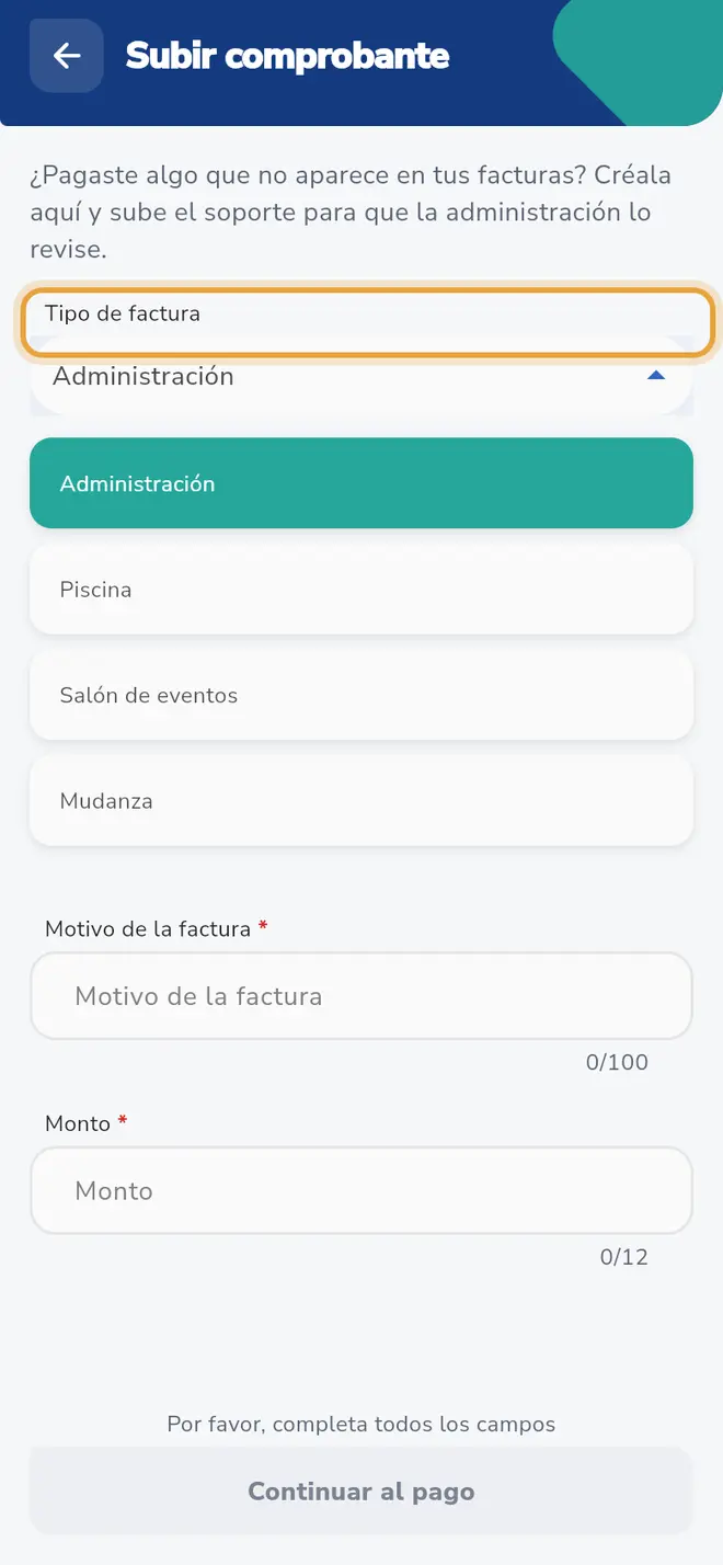 Pantalla Subir comprobante: el campo Tipo de factura está señalado y la lista muestra los cuatro tipos