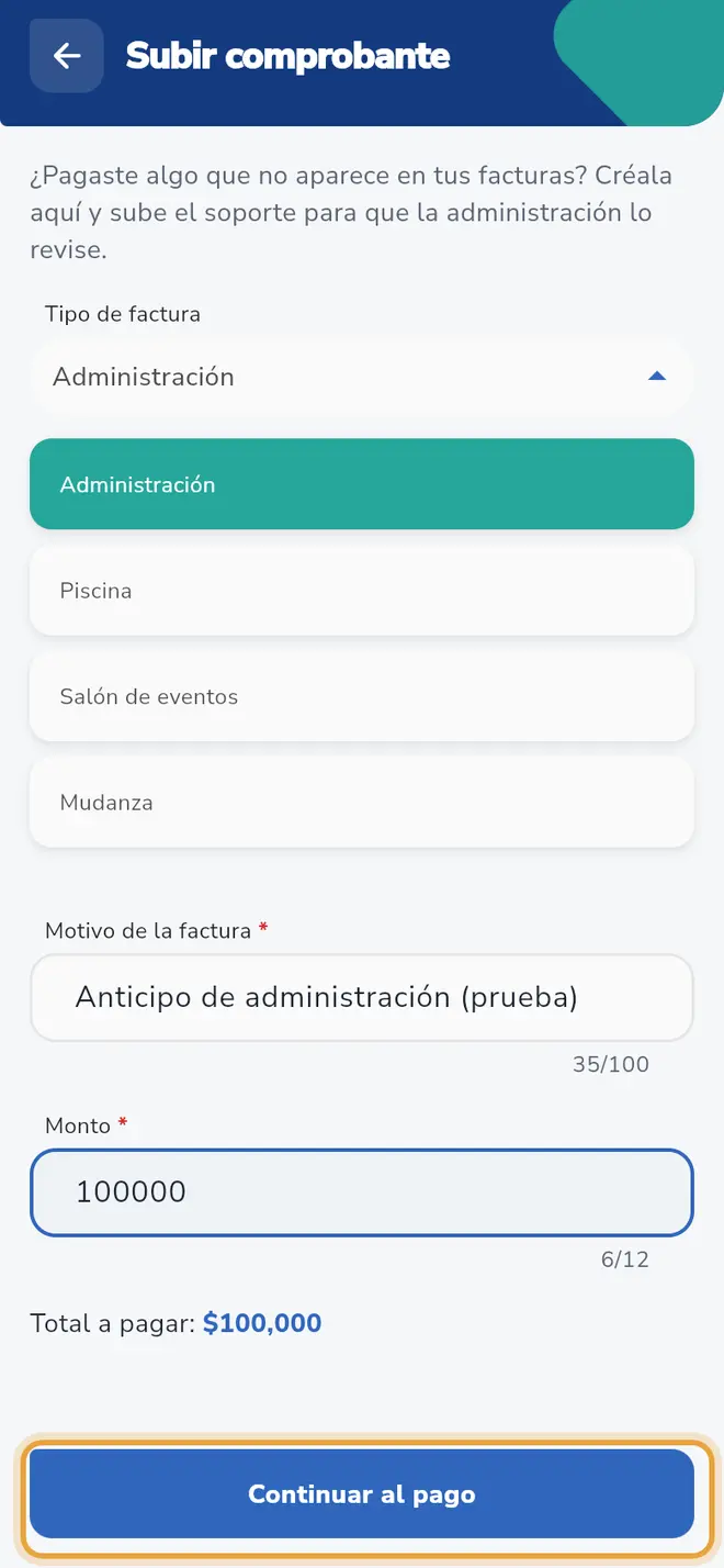 Pantalla Subir comprobante: el formulario está lleno y el botón Continuar al pago está señalado