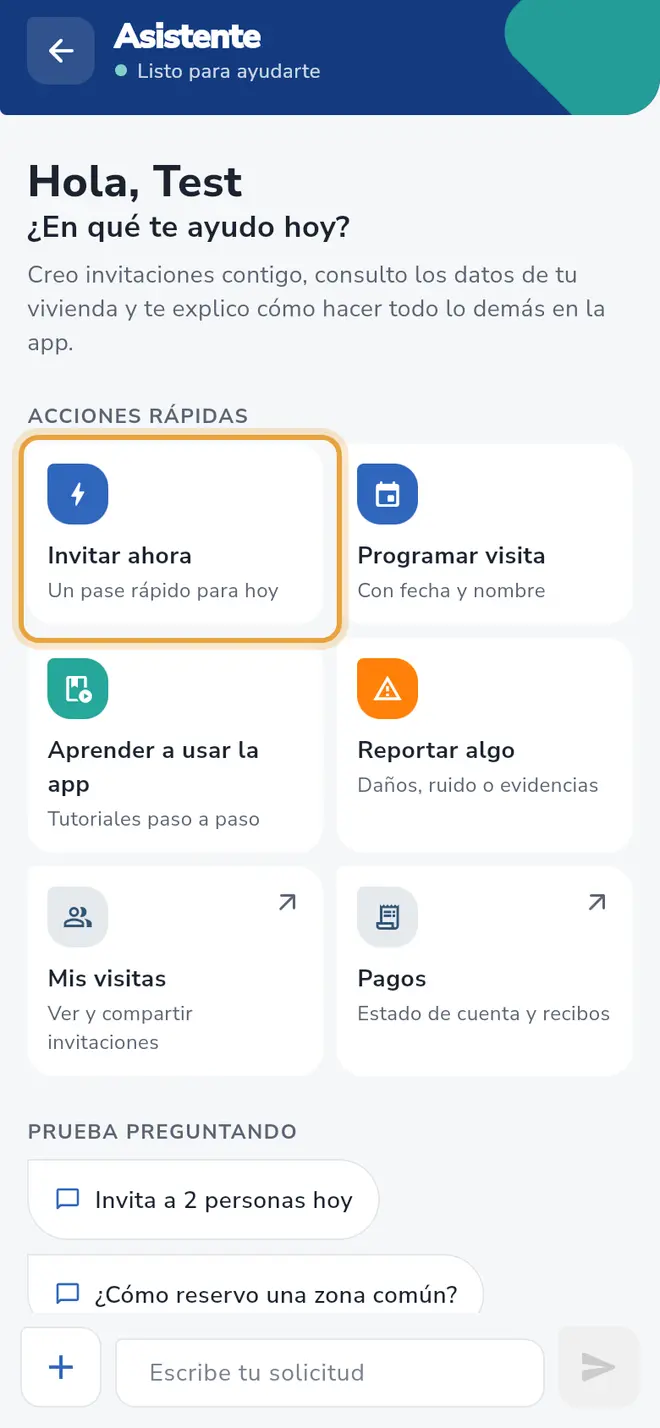 Pantalla del asistente: el botón Invitar ahora está señalado