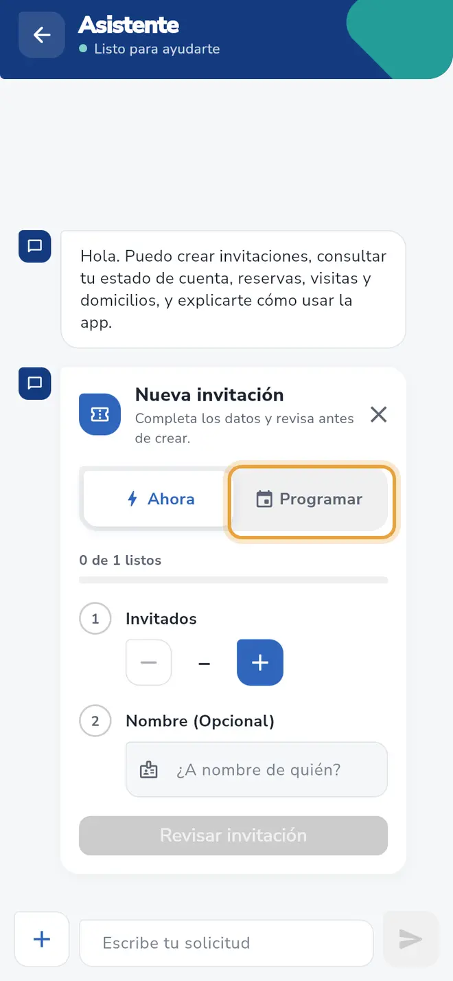 Formulario Nueva invitación: el interruptor Programar está señalado