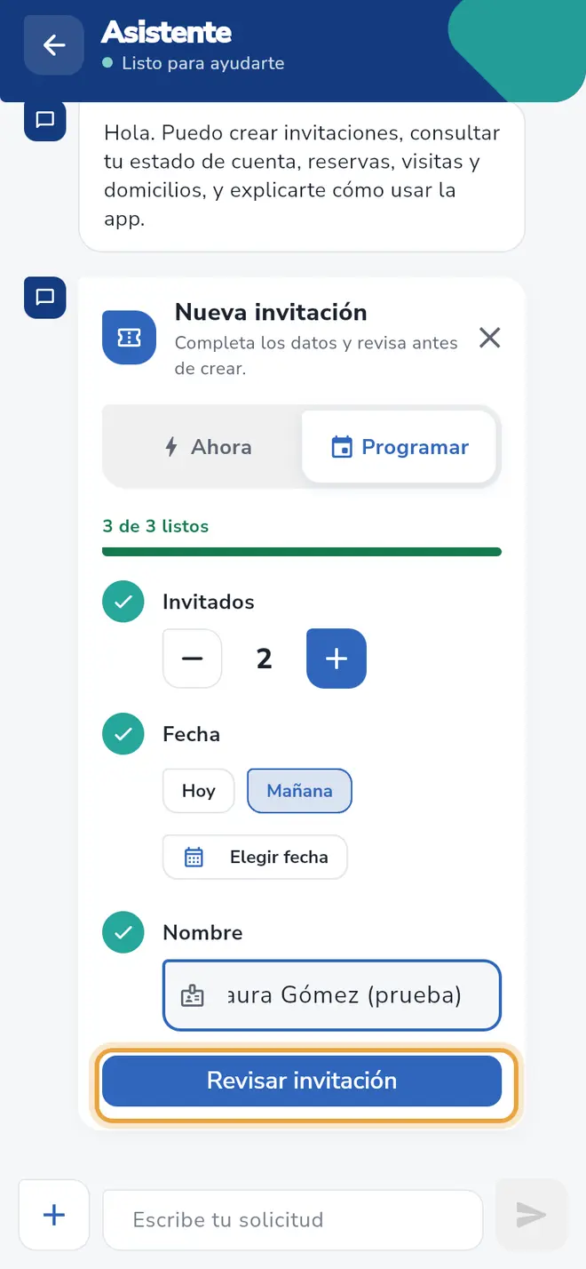 Formulario Nueva invitación completo: el botón Revisar invitación está señalado