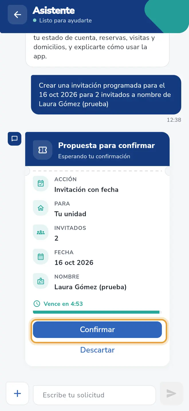 Propuesta para confirmar: el botón Confirmar está señalado