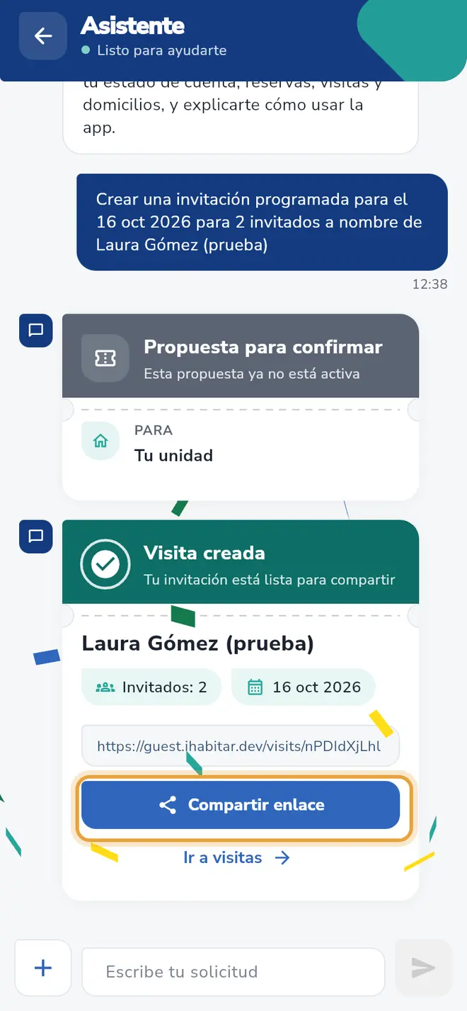 Tarjeta Visita creada: el botón Compartir enlace está señalado
