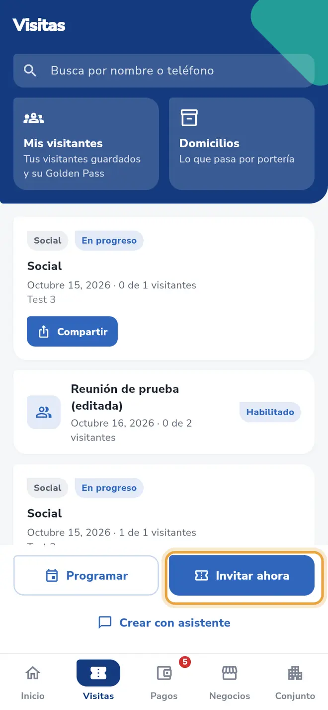 Pantalla Visitas: el botón Invitar ahora, abajo a la derecha, está señalado.