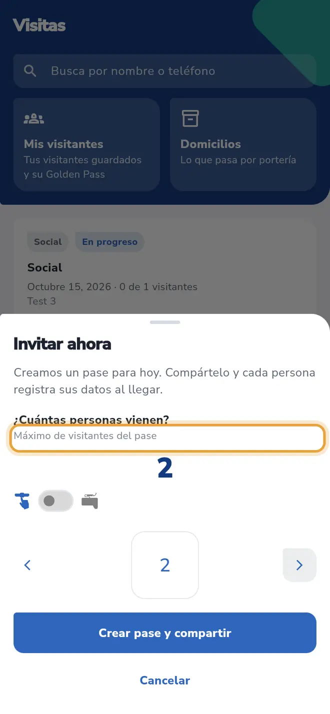 Hoja Invitar ahora con el máximo en 2: el selector de Máximo de visitantes del pase está señalado.