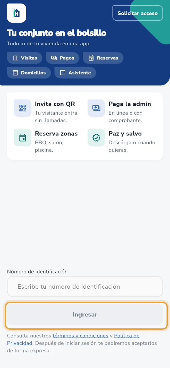 Pantalla de inicio de sesión de la app: el botón Ingresar está señalado