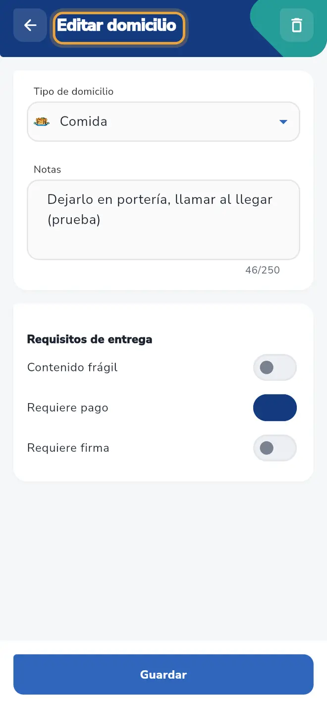 Pantalla Editar domicilio con los datos del domicilio: el título Editar domicilio está señalado.