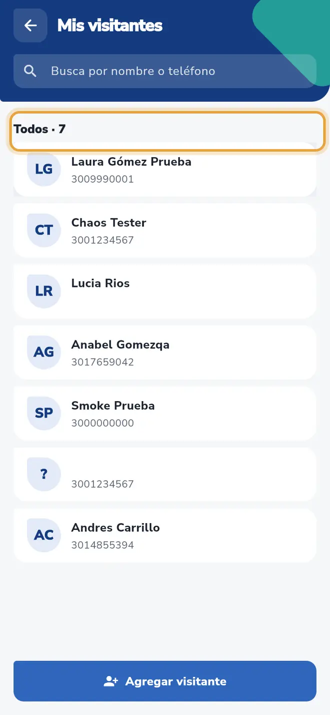 Pantalla Mis visitantes: el encabezado Todos y la lista de invitados guardados están señalados.
