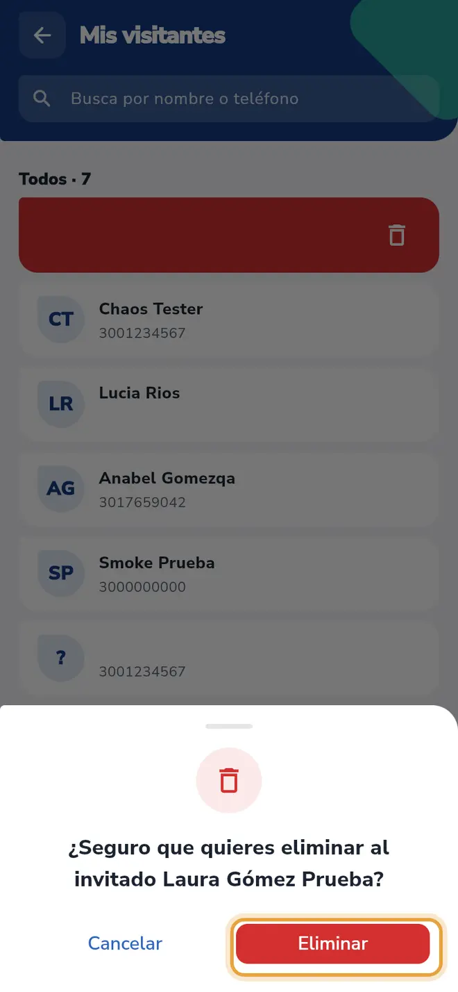 Hoja de confirmación "¿Seguro que quieres eliminar al invitado Laura Gómez Prueba?": el botón Eliminar está señalado.