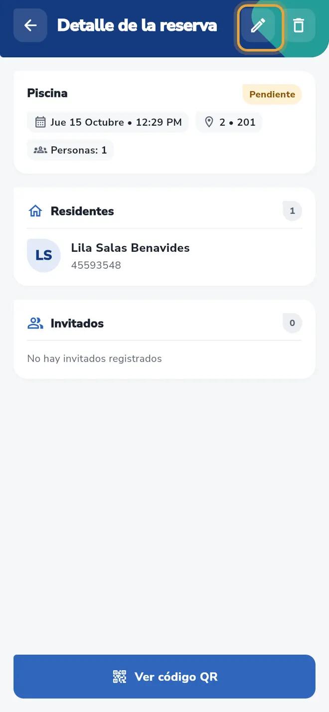 Detalle de la reserva: el ícono Editar (lápiz) está señalado