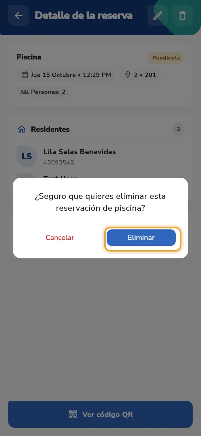 Ventana de confirmación: el botón Eliminar está señalado