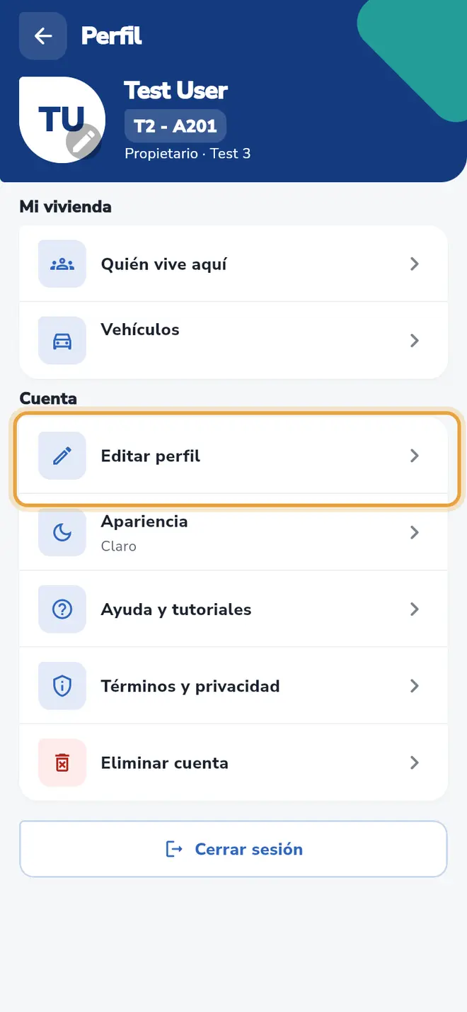 Perfil: la fila Editar perfil está señalada