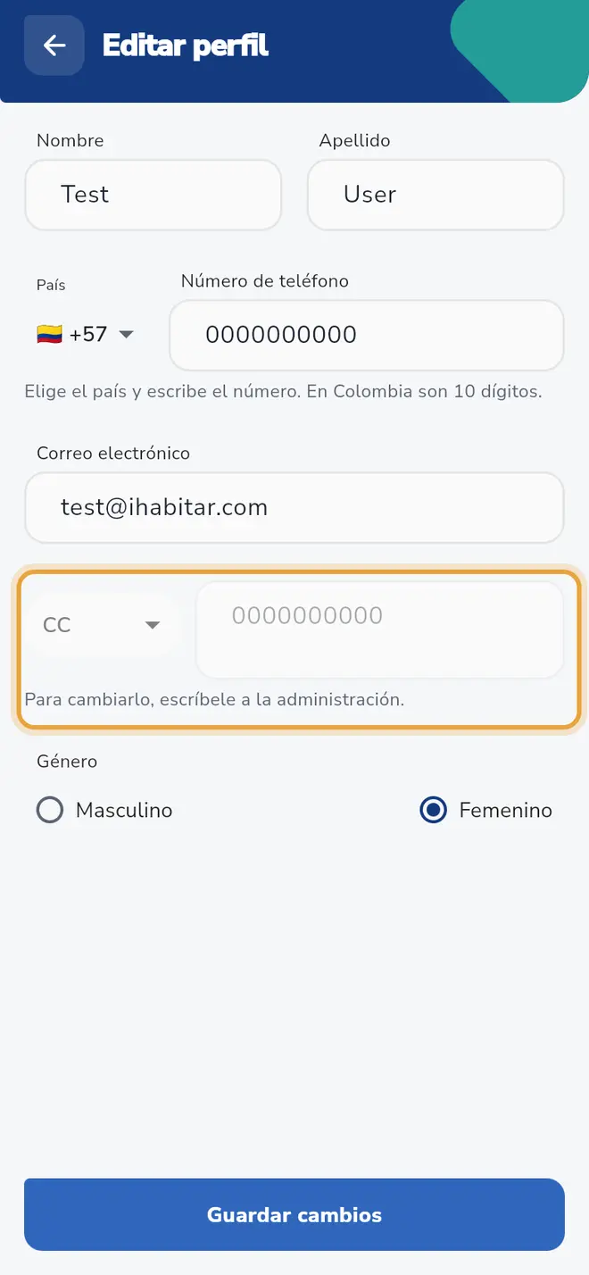 Pantalla Editar perfil: el número de identificación, apagado, está señalado