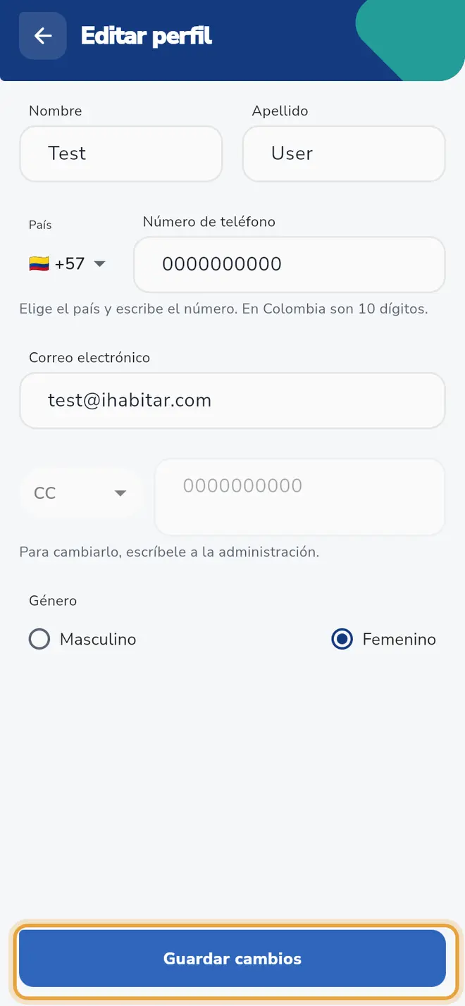 Pantalla Editar perfil: el botón Guardar cambios está señalado