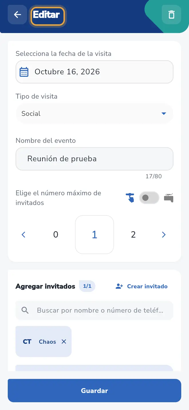 Pantalla Editar con la visita cargada: fecha, tipo, nombre, máximo e invitados; el título Editar está señalado.