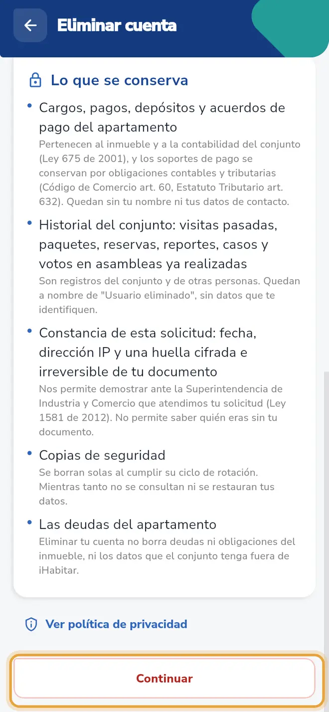 Pantalla Eliminar cuenta: el botón Continuar está señalado