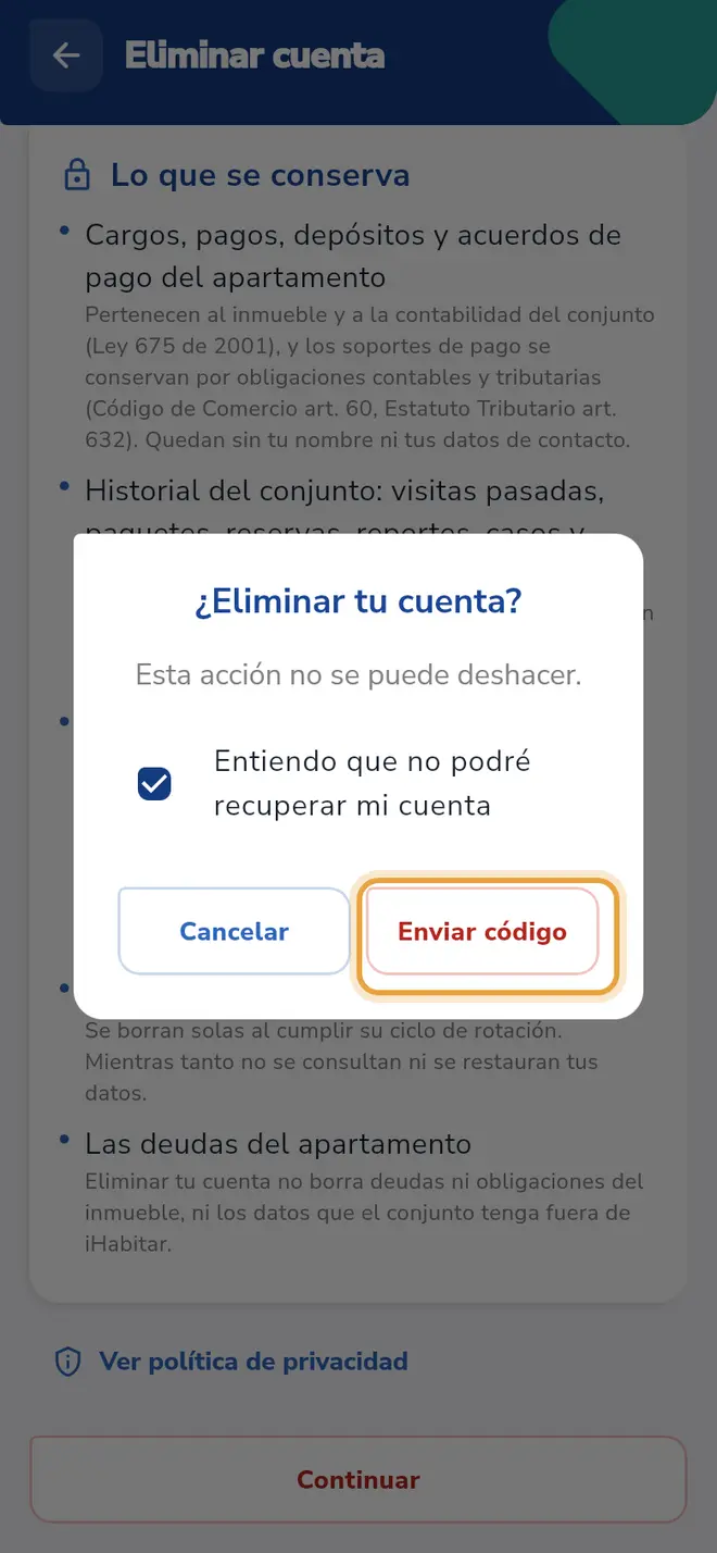 Ventana ¿Eliminar tu cuenta?: el botón Enviar código está señalado