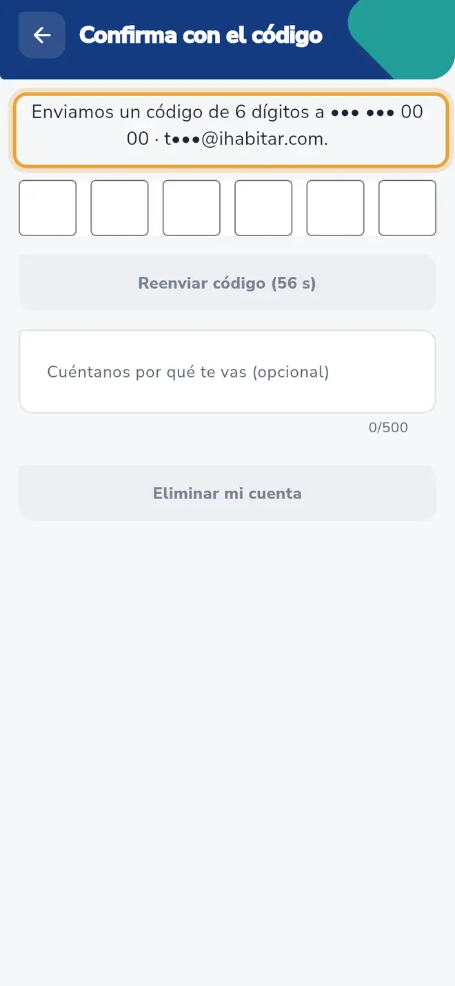 Pantalla Confirma con el código: el aviso que indica a dónde se envió el código está señalado