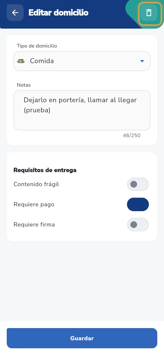 Pantalla Editar domicilio: el ícono de papelera (Eliminar) arriba a la derecha está señalado.