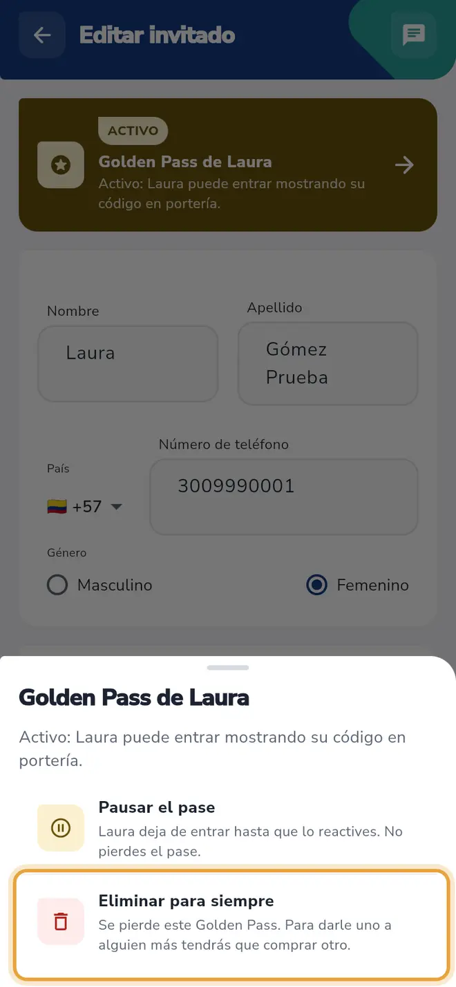 Hoja Golden Pass de Laura con las opciones Pausar el pase y Eliminar para siempre: la segunda está señalada.