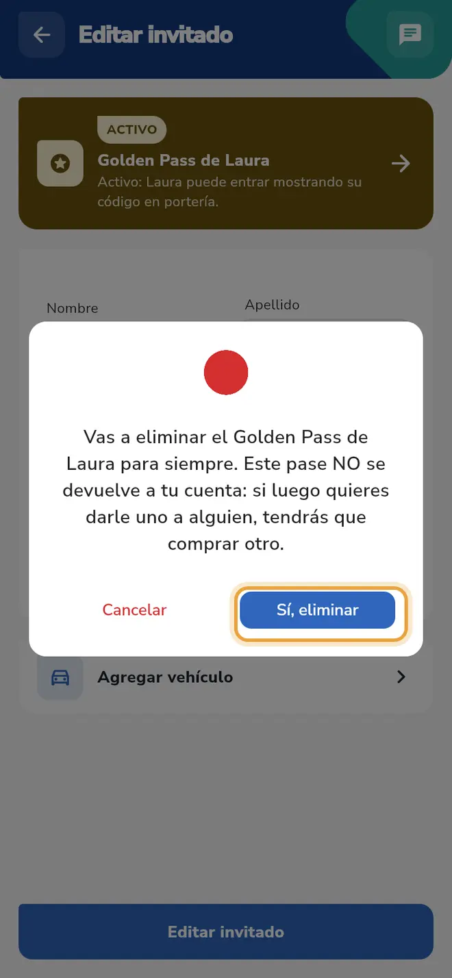 Diálogo "Vas a eliminar el Golden Pass de Laura para siempre": el botón Sí, eliminar está señalado.