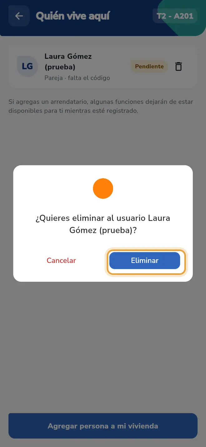Aviso de eliminar: el botón Eliminar está señalado