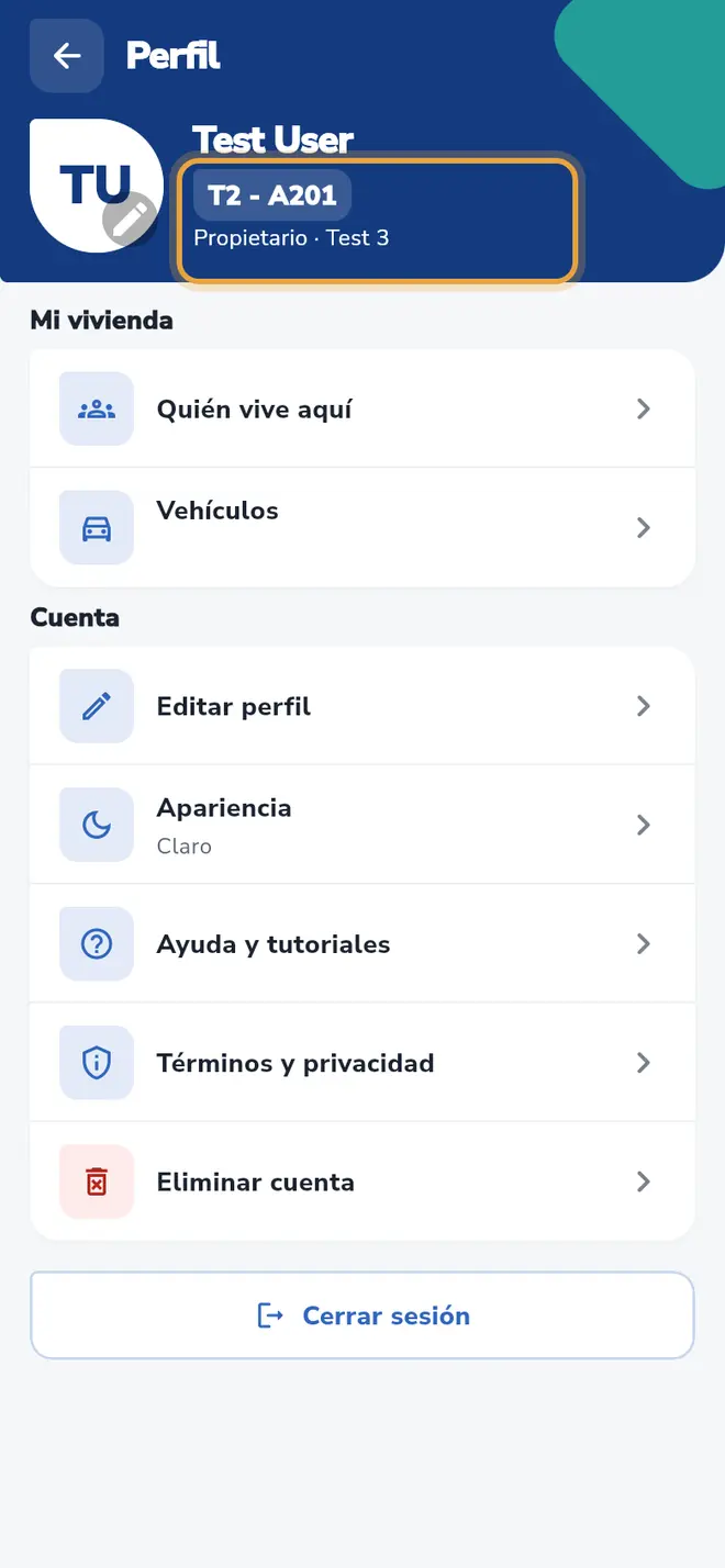 Perfil: el chip de la vivienda y el rol con el conjunto bajo el nombre están señalados