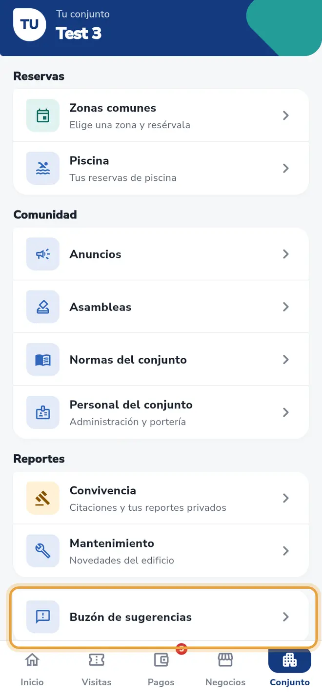 Pestaña Conjunto: la fila Buzón de sugerencias está señalada