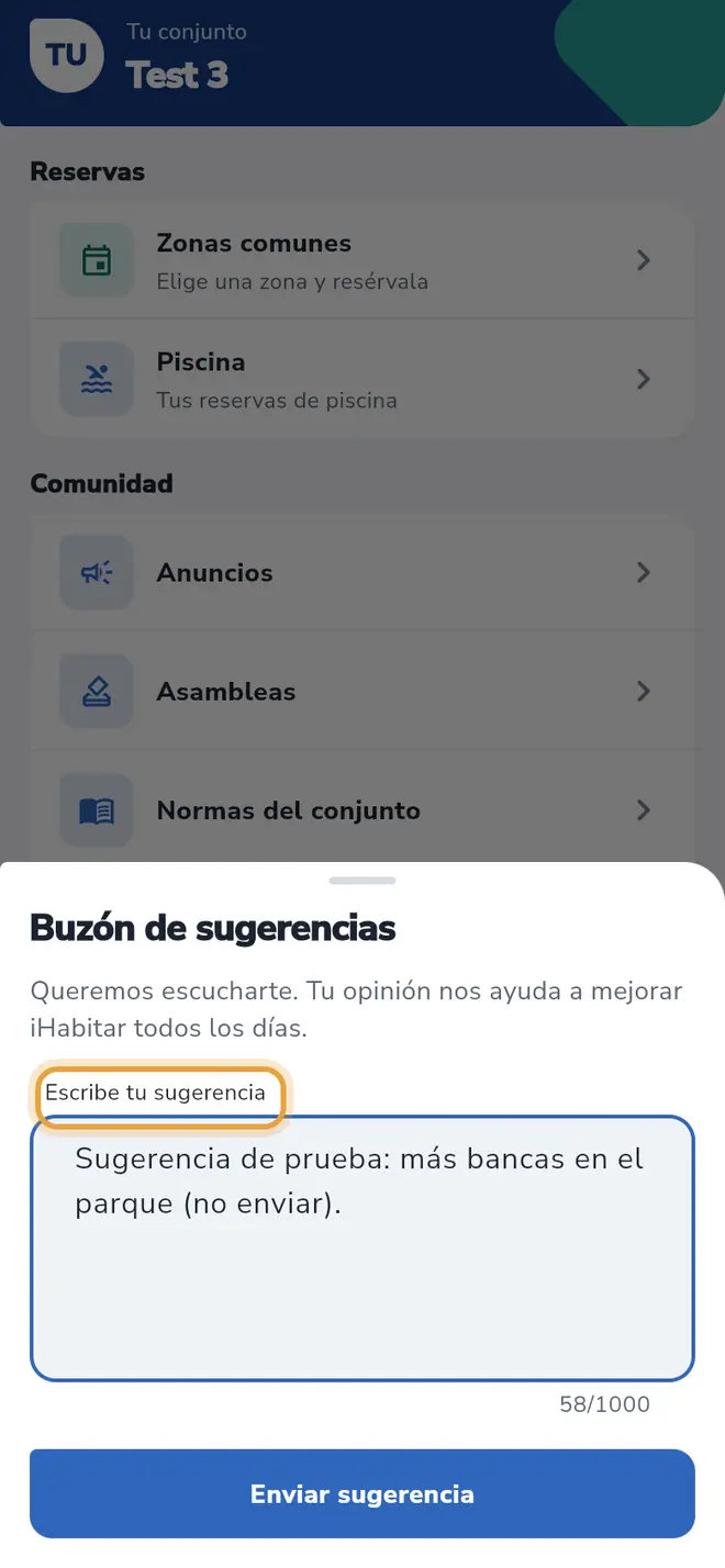 Hoja Buzón de sugerencias: el campo para escribir la sugerencia está señalado