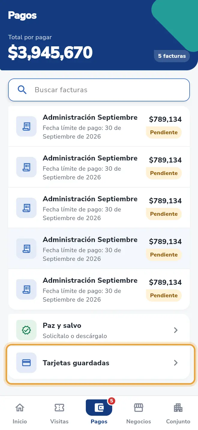 Pestaña Pagos: la fila Tarjetas guardadas está señalada