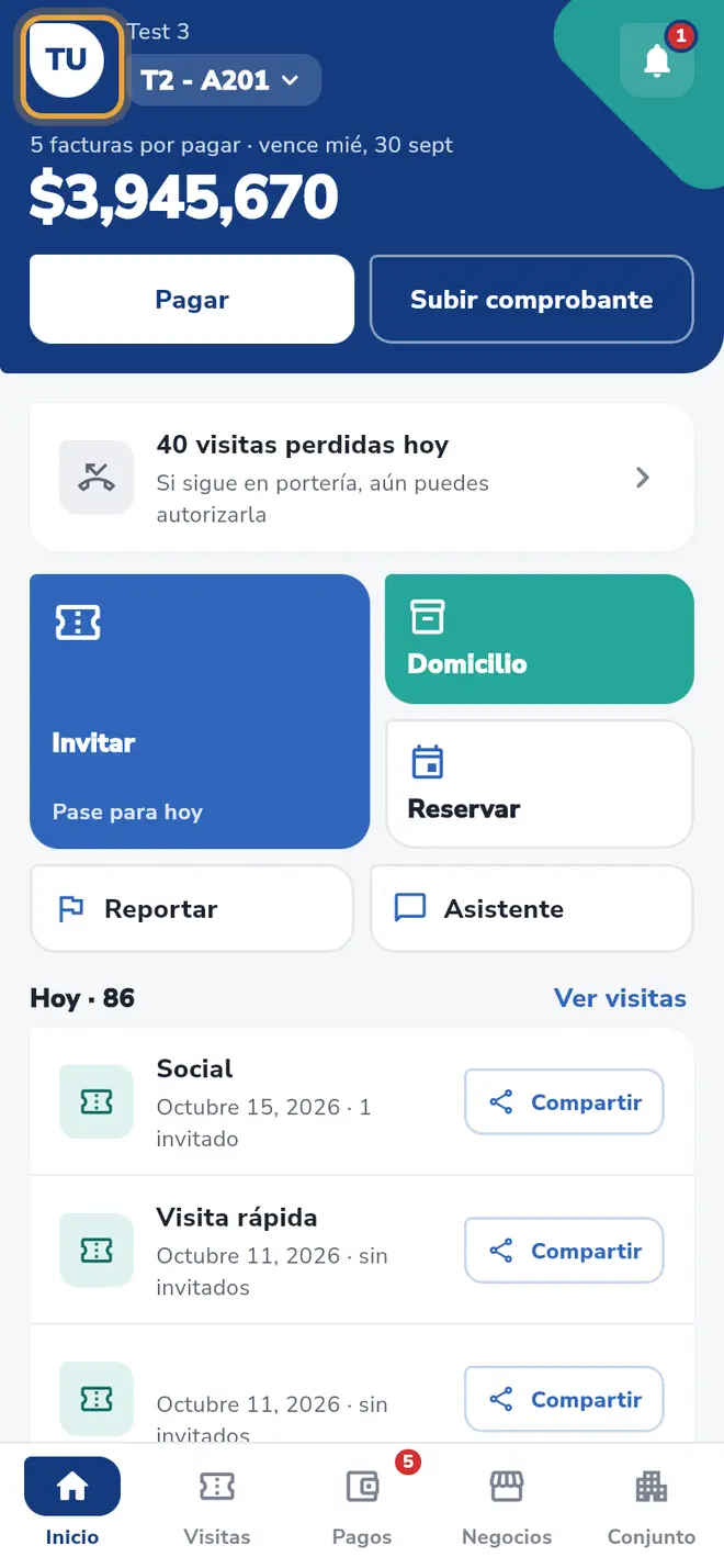 Pantalla Inicio: el botón Abrir tu perfil está señalado en la parte superior