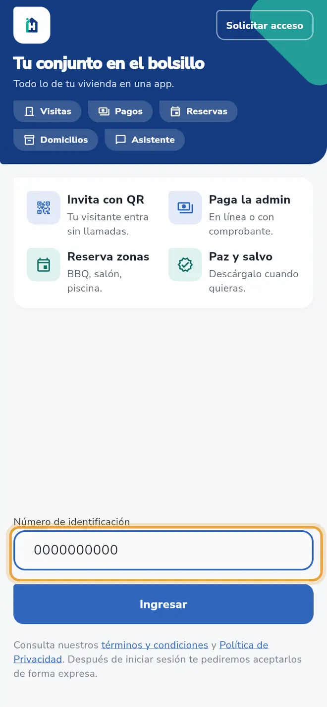 Pantalla de inicio de sesión: el campo Número de identificación con el documento escrito está señalado