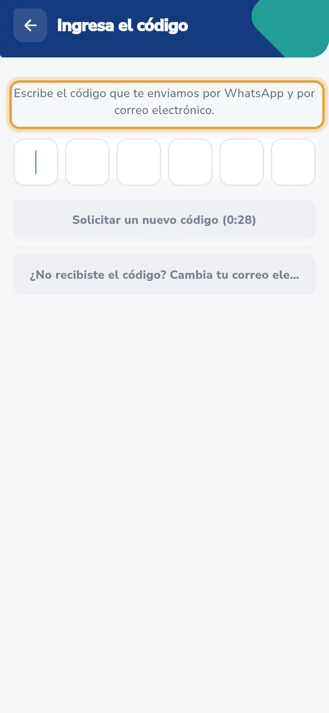 Pantalla Ingresa el código: el texto que pide el código está señalado sobre las seis casillas