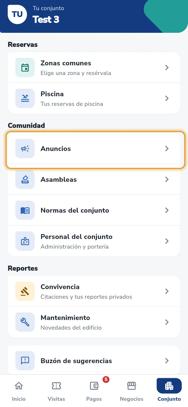 Pestaña Conjunto: la fila Anuncios está señalada