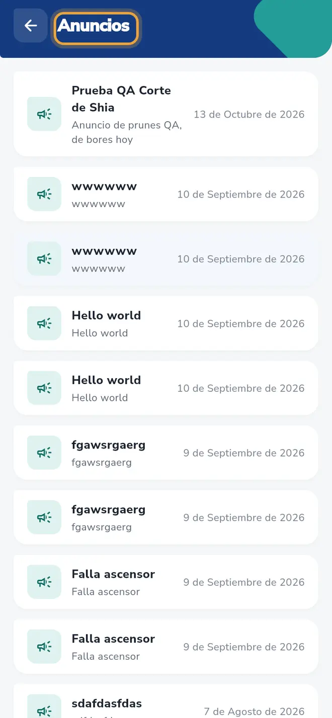Pantalla Anuncios: el título Anuncios señala la lista de anuncios