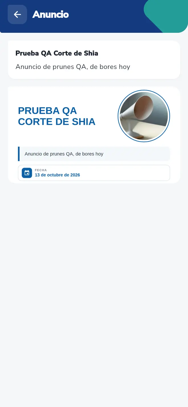 Pantalla Anuncio: la tarjeta con el título, el mensaje y la imagen está señalada