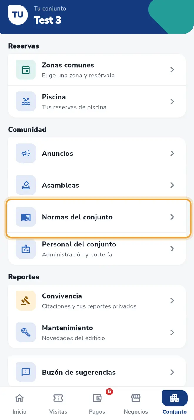 Pestaña Conjunto: la fila Normas del conjunto está señalada