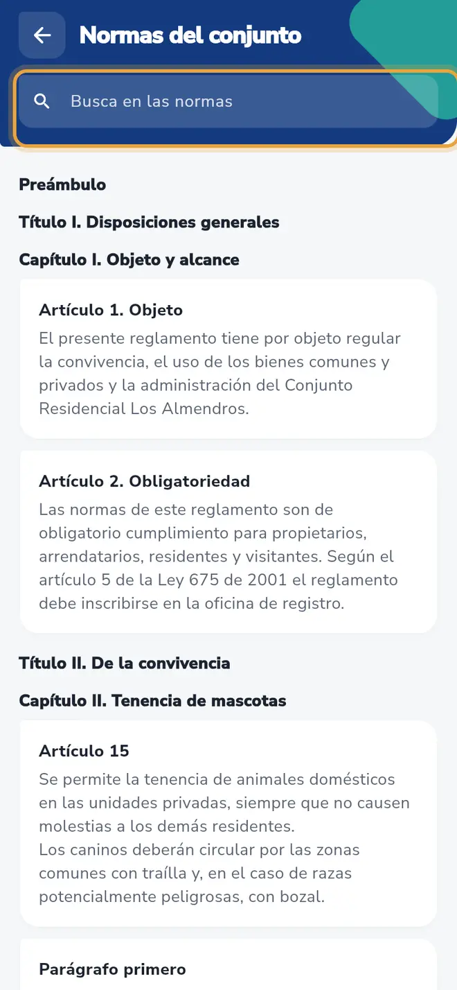 Pantalla Normas del conjunto: el buscador Busca en las normas está señalado